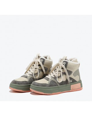 New velvet warm high-top shoes women's color matching all-match casual shoes slimming sneakers