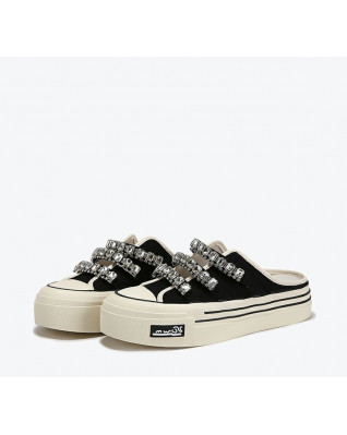 New Rhinestone Canvas Shoes Women's Thick Bottom Heelless Sneakers Slippers Sandals