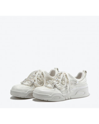 New style cowhide pearl chain white casual sneakers